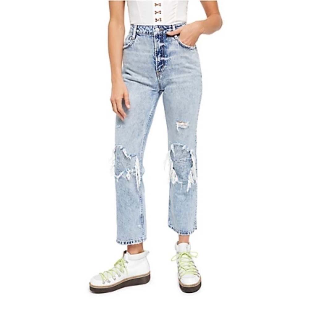 FREE PEOPLE Women's Destroyed Light Denim Pants | US 28